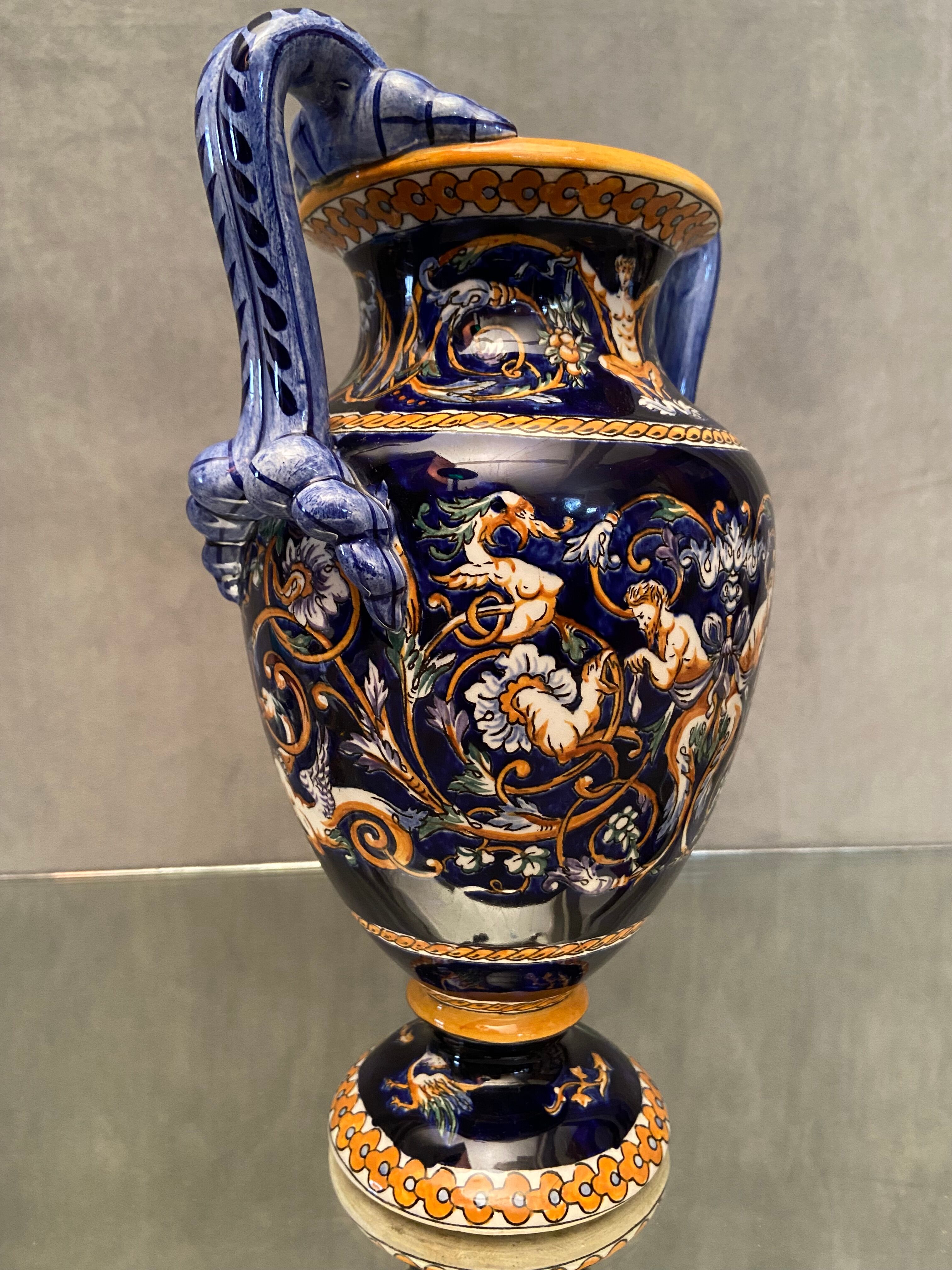 Vase on pedestal with handles in earthenware Gien Italian Renaissance decoration