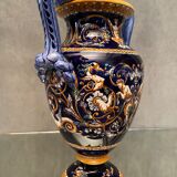 Vase on pedestal with handles in earthenware Gien Italian Renaissance decoration