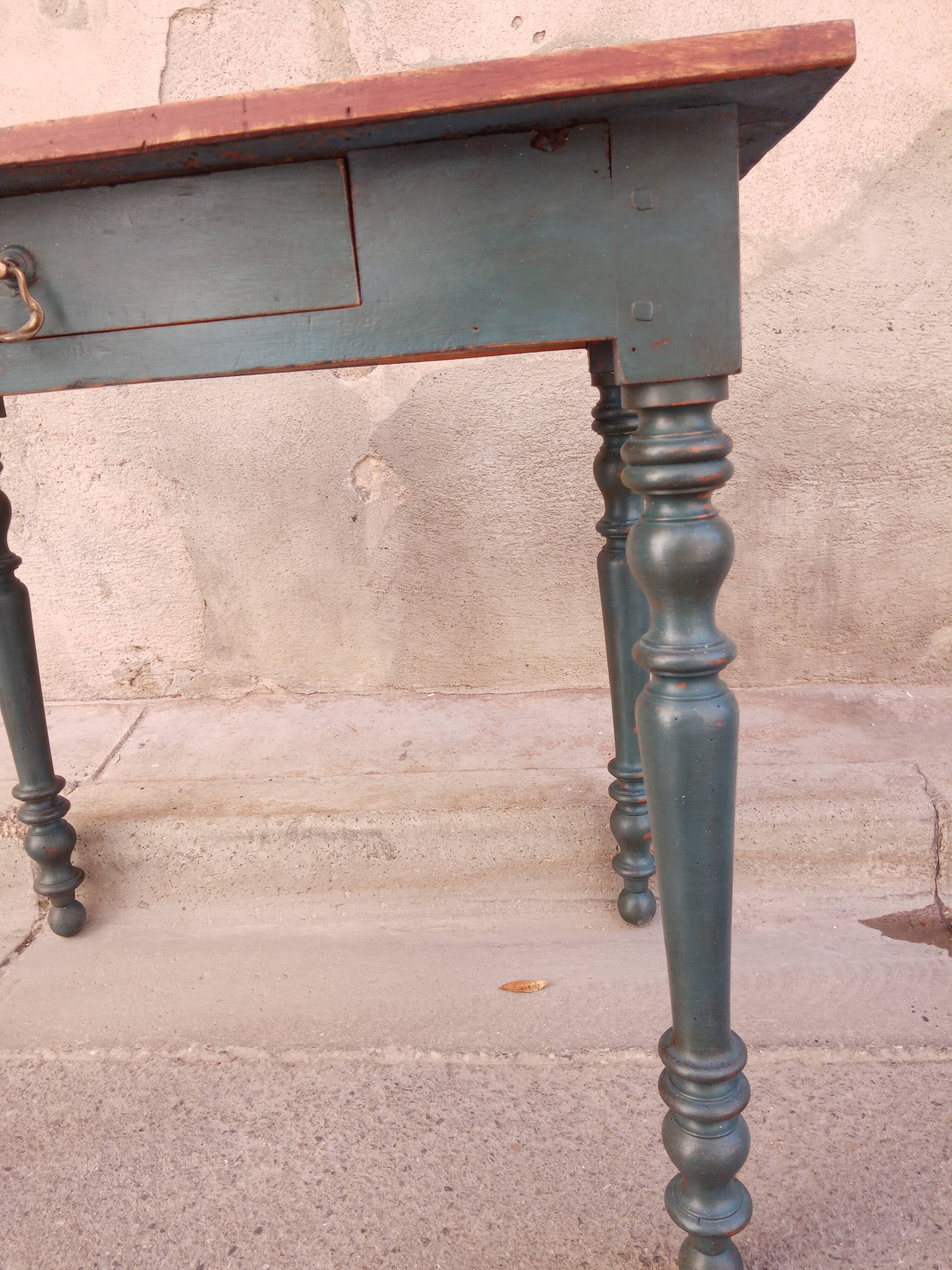 Old side table, desk, 1 drawer, blue patina aubusson