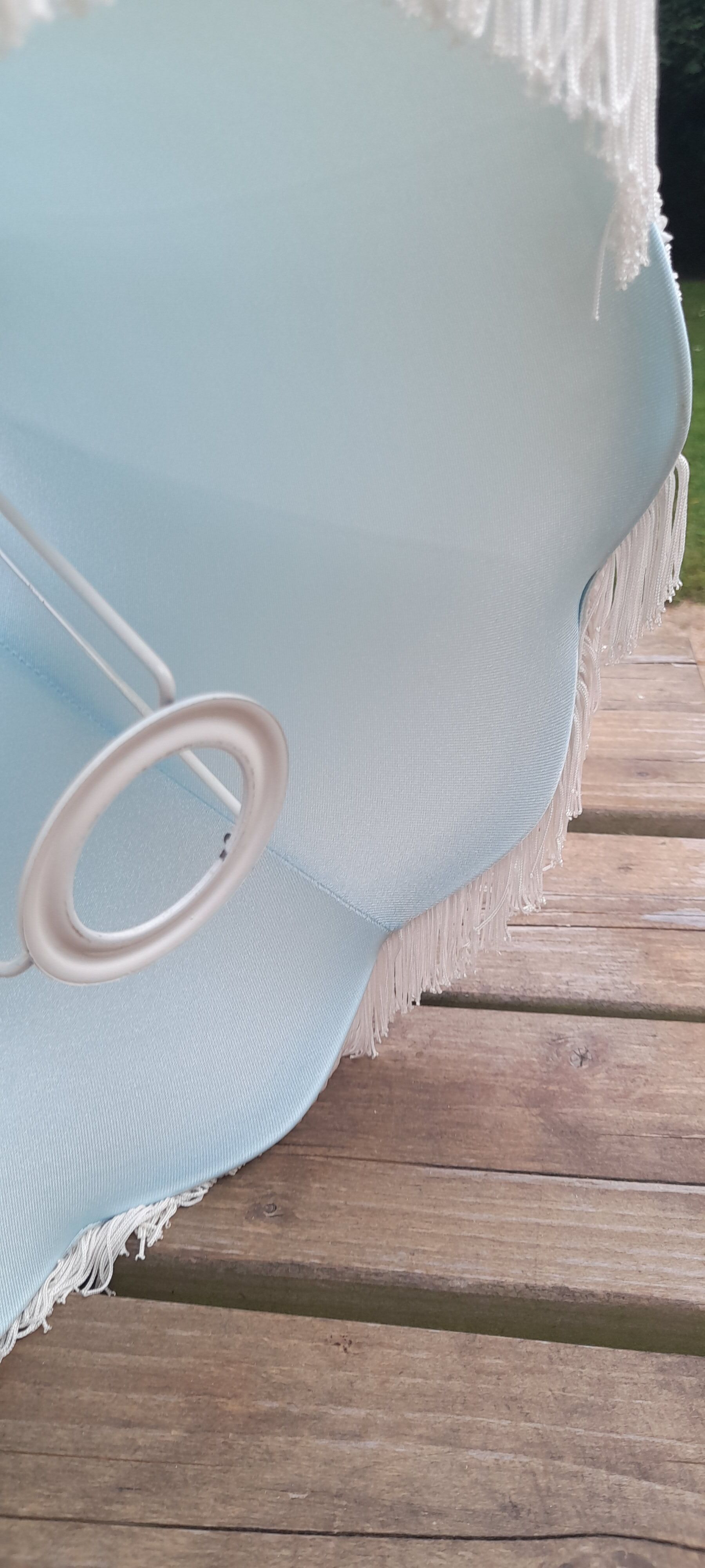 Lampshade pagoda white fabric lined, fringes and blue stripes
