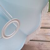 Lampshade pagoda white fabric lined, fringes and blue stripes