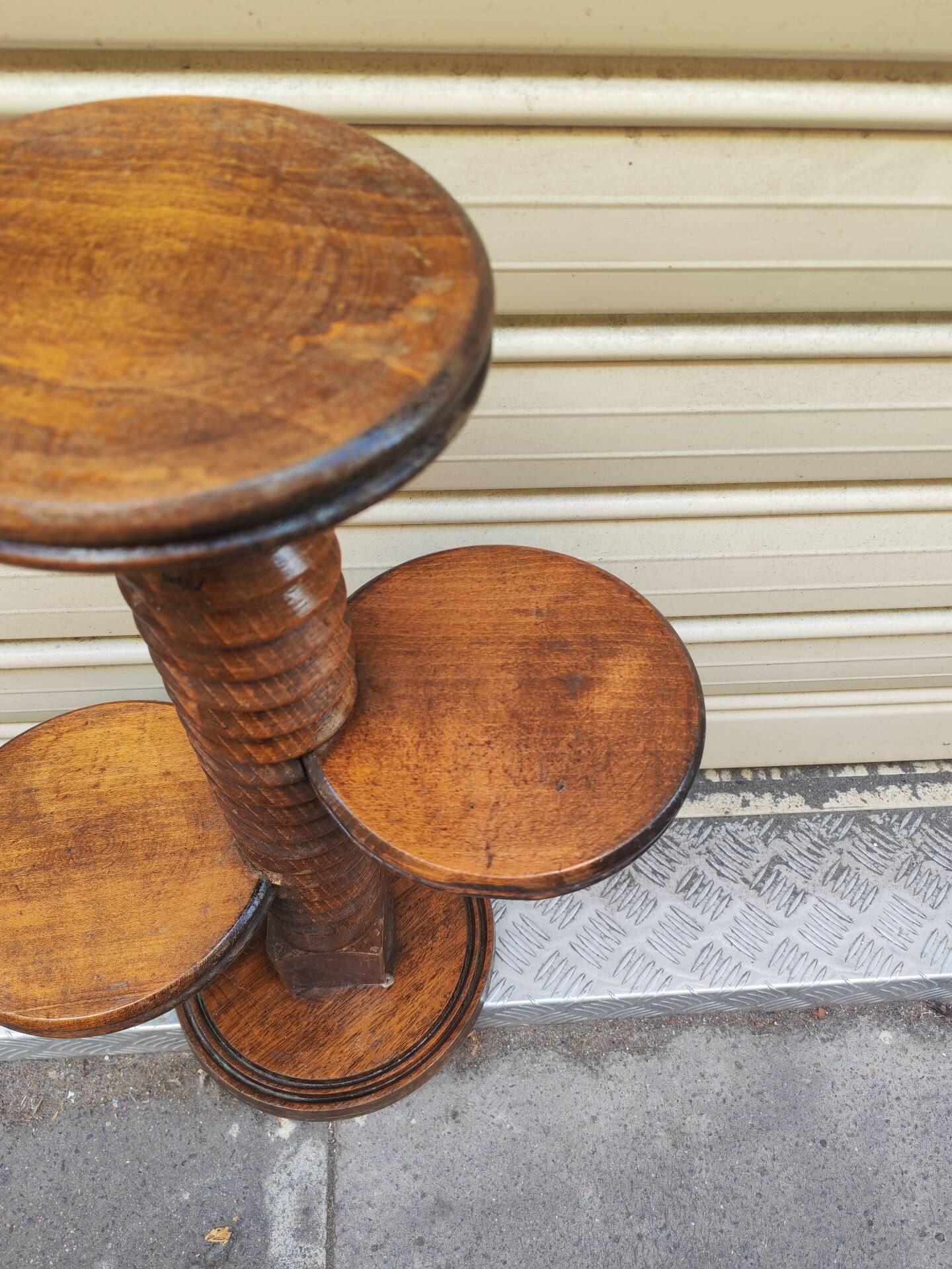 Turned wooden gueridon side table, solid turned, Charles Dudouyt style, 1960.