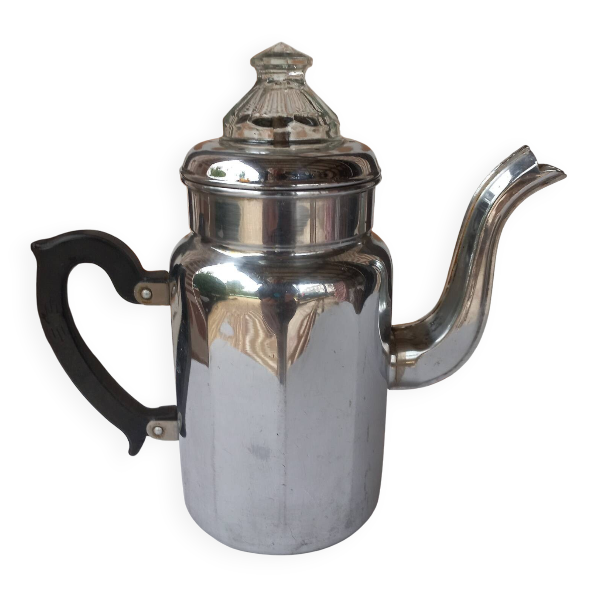 Silver metal coffee maker with glass cap
