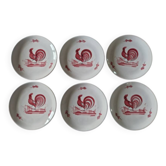 Henriot à Quimper - Série de 6 assiettes plates - A décor de coq rose