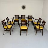 Lot de 8 anciennes chaises fauteuils de bistrot en bois et simili jaune 80’