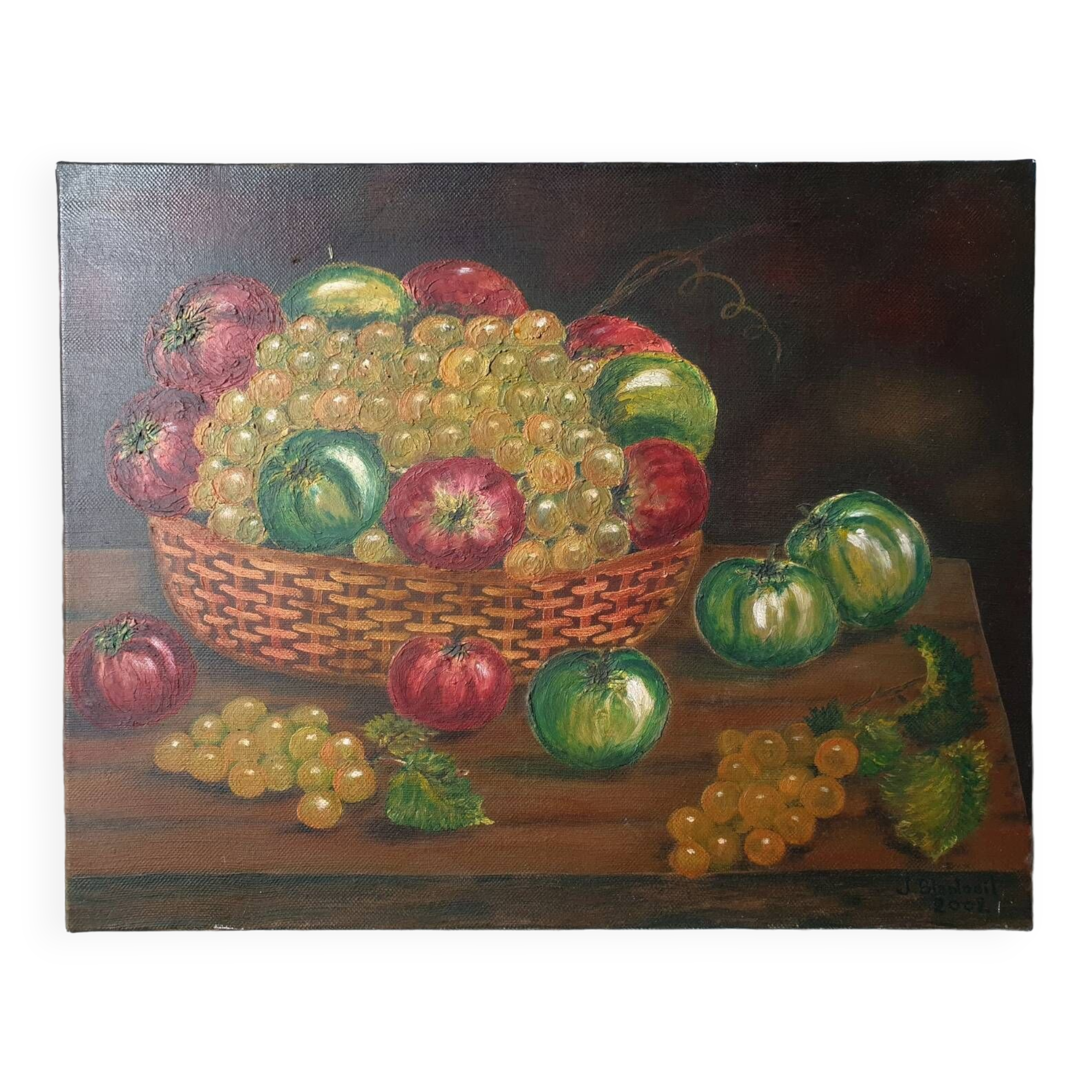 Fruit basket painting with apples and grapes signed Blanloeil.