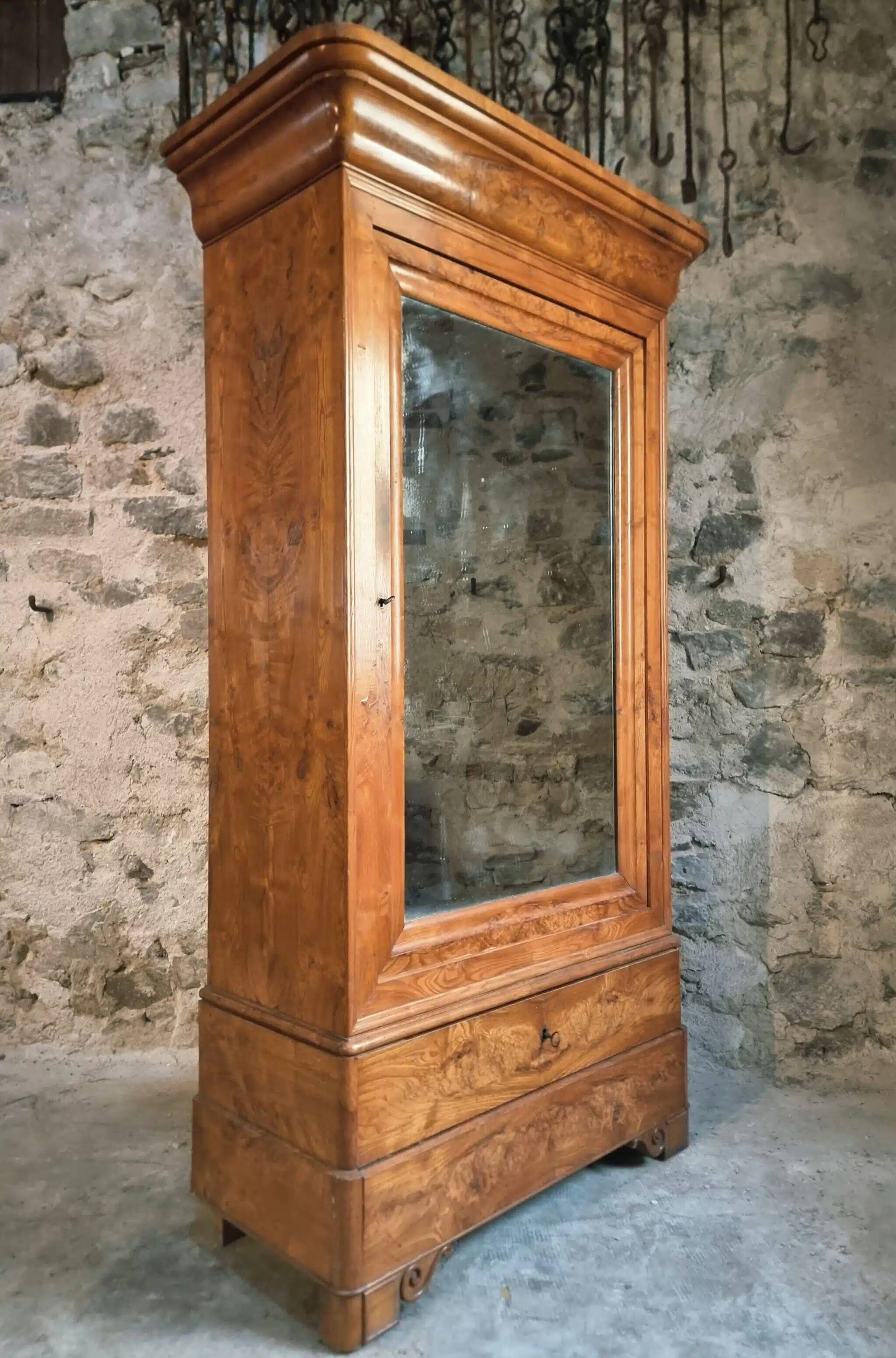 Antique French Louis Philippe wardrobe / wardrobe – elm and oak, mirrored door, 19th century