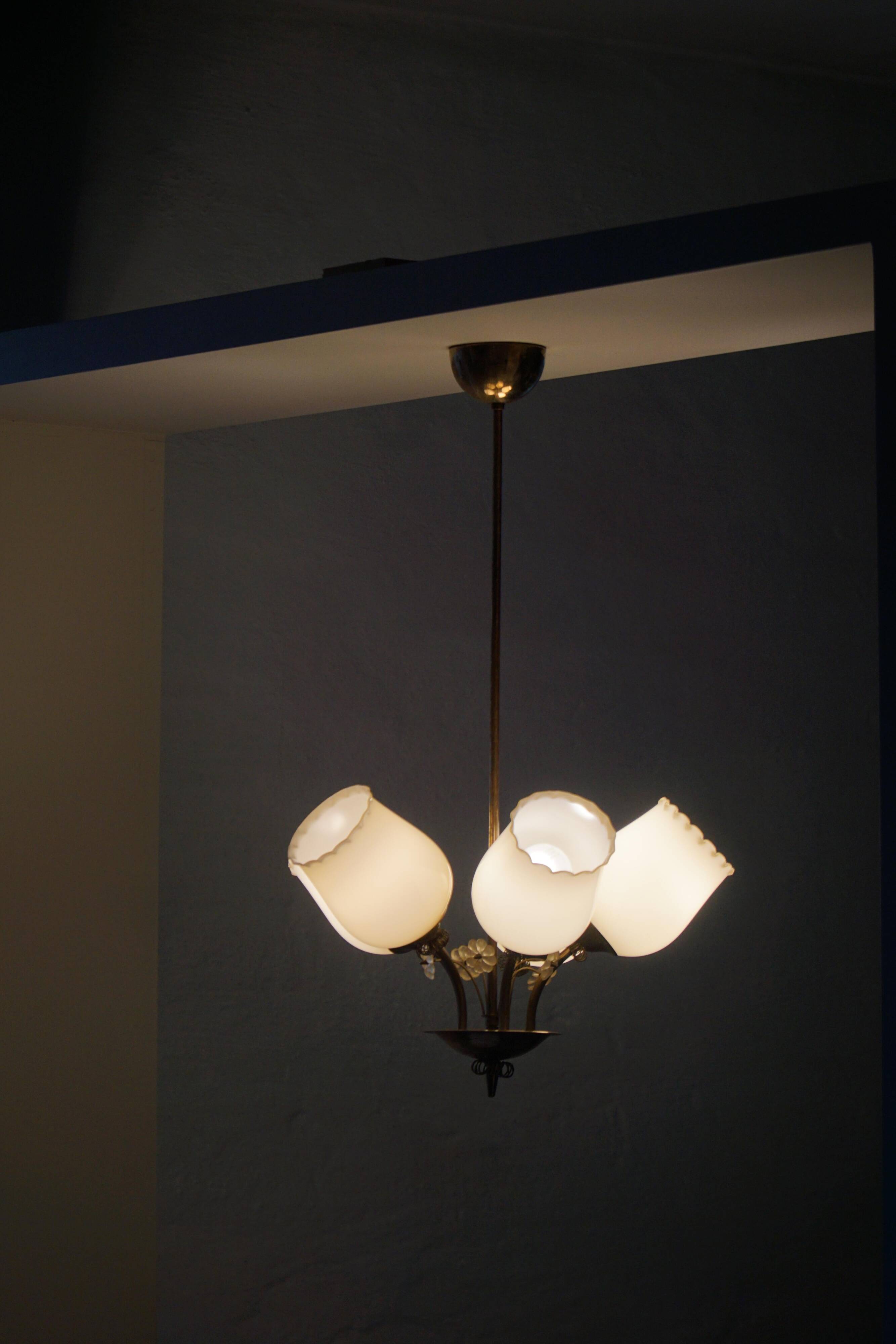 Brass and Glass Mid-Century Chandelier by Itsu, Finland, 1950s