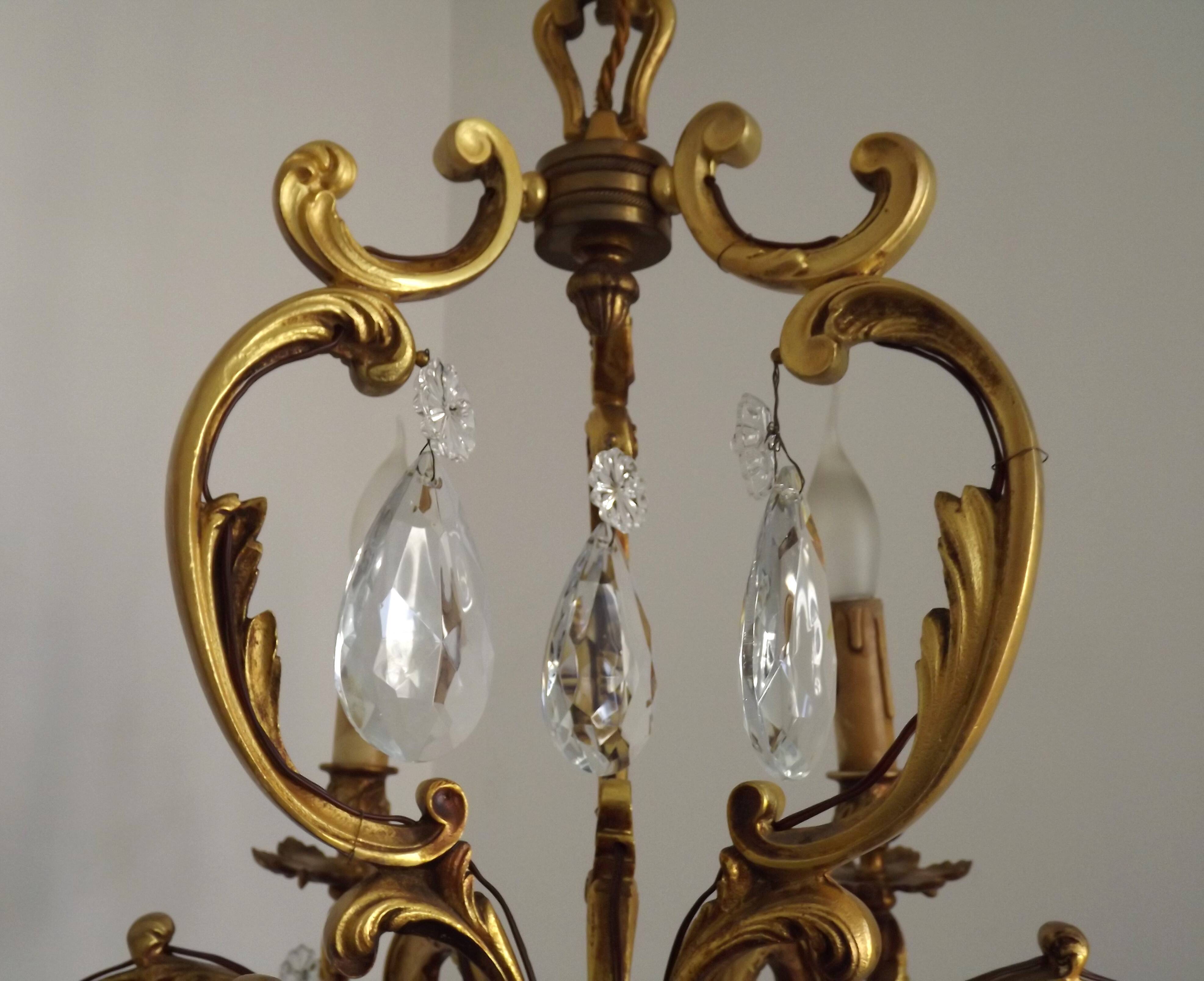 Large Heavy French Art Nouveau 6-Light Brass & Crystal Cage Chandelier