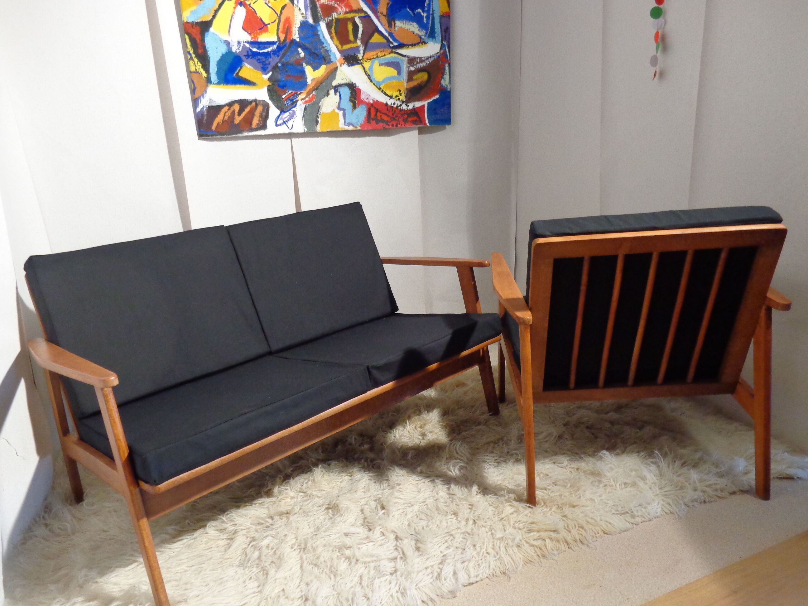 Vintage Scandinavian living room set in light wood