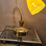 Lampe acier doré avec tulipe pate de verre jaune marbré ancienne,