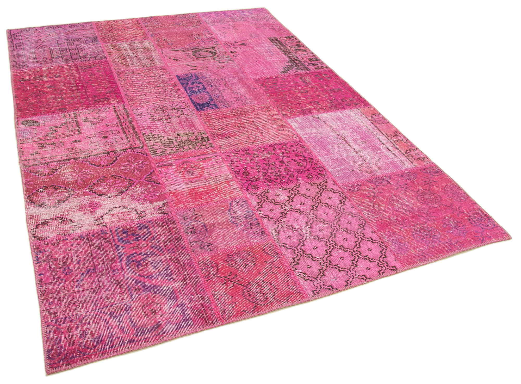 Handmade anatolian overdyed 170 cm x 240 cm pink patchwork carpet