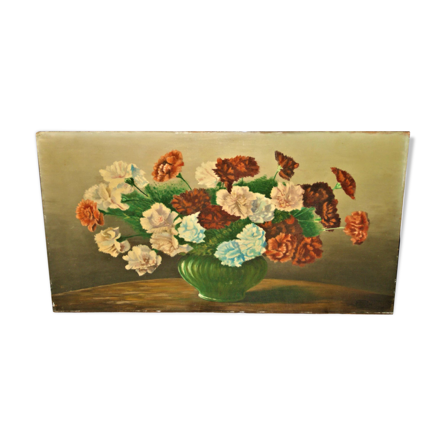 Oil on panel bouquet of carnations signed
