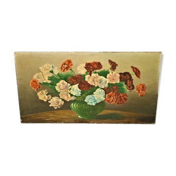 Oil on panel bouquet of carnations signed