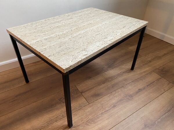 table Italienne En Laiton Travertin Et Acier Ou table Basse, Années 1960