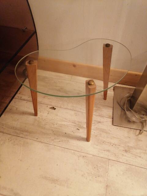 Small glass and wood bean-shaped coffee table 1960-1970