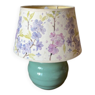 Lampe à poser vintage vert d'eau et abat-jour à fleurs