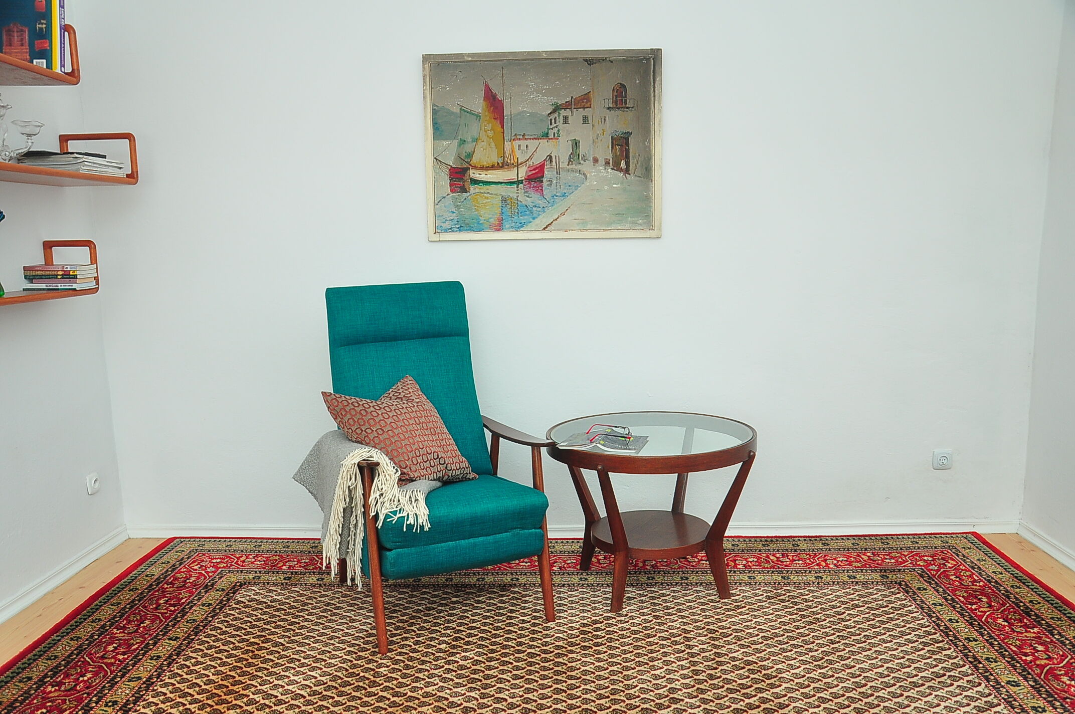 Turquoise armchair with folding footrest, 1960s