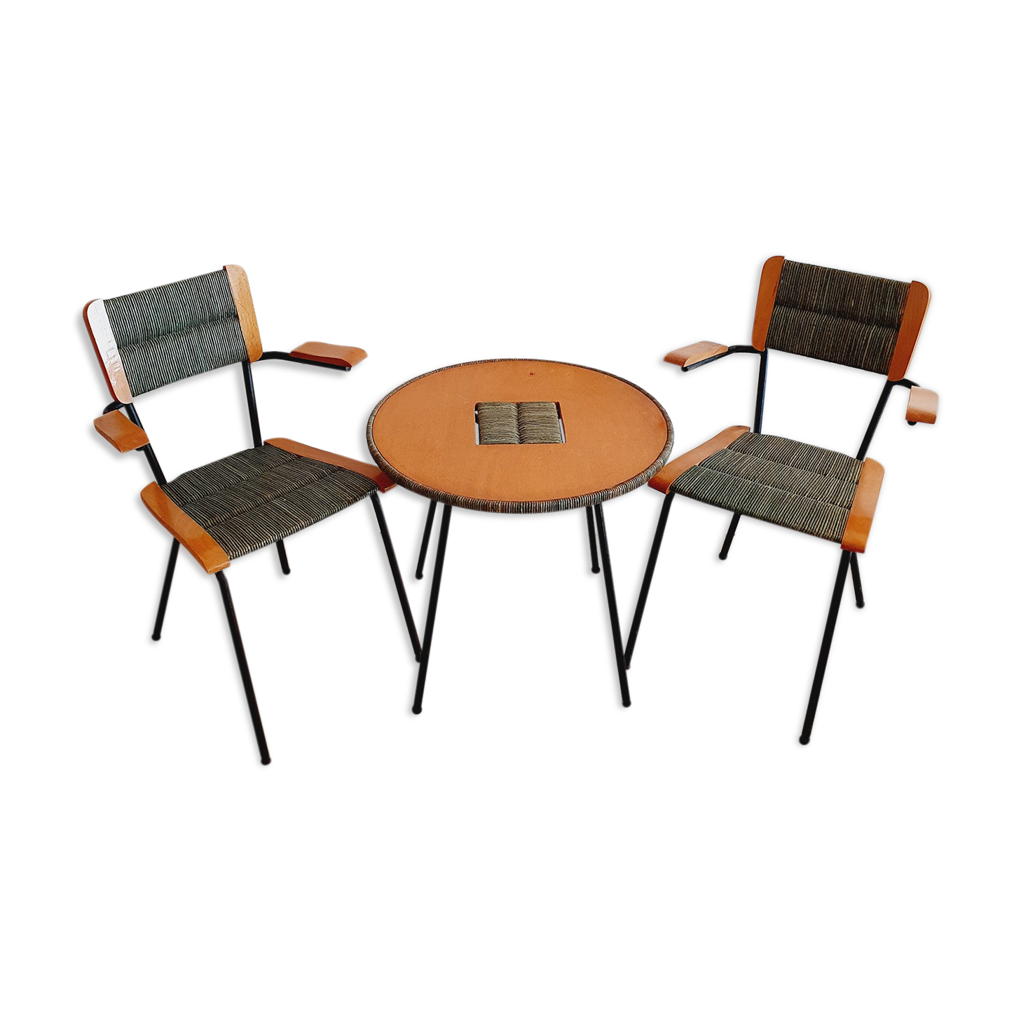 Pair of armchairs and vintage coffee table straw, wood and metal