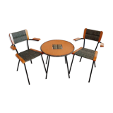 Pair of armchairs and vintage coffee table straw, wood and metal