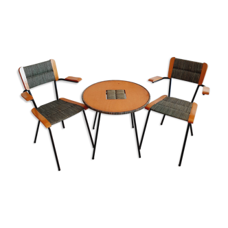Pair of armchairs and vintage coffee table straw, wood and metal