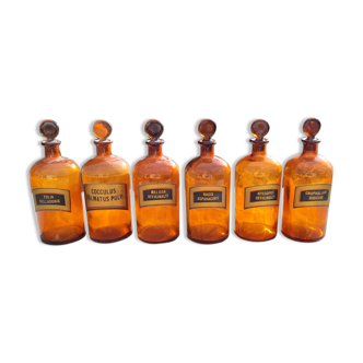 6 pharmacy bottles in brown glass