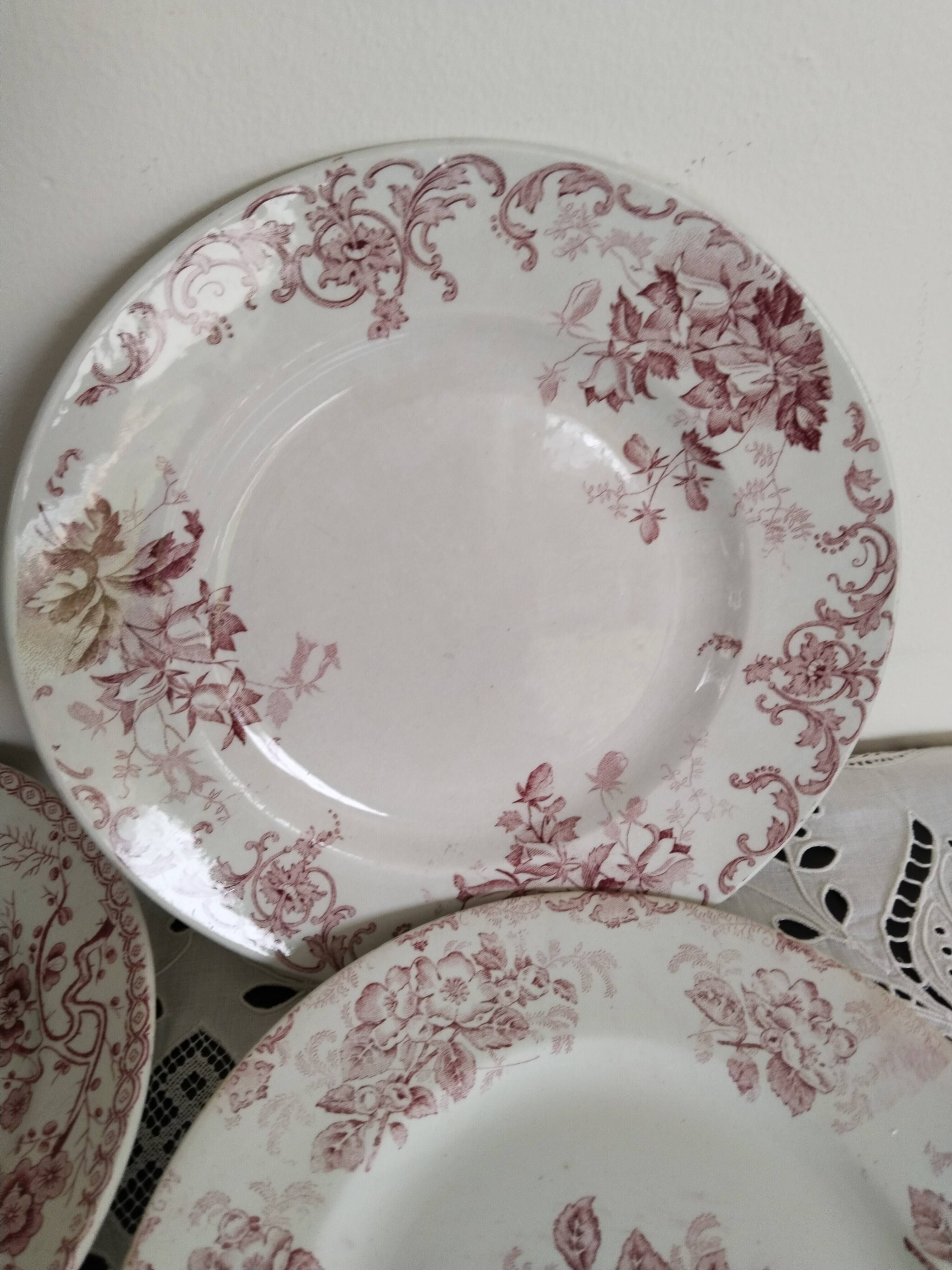 Set of 5 dinner plates in Terre de fer earthenware, red color, antique French
