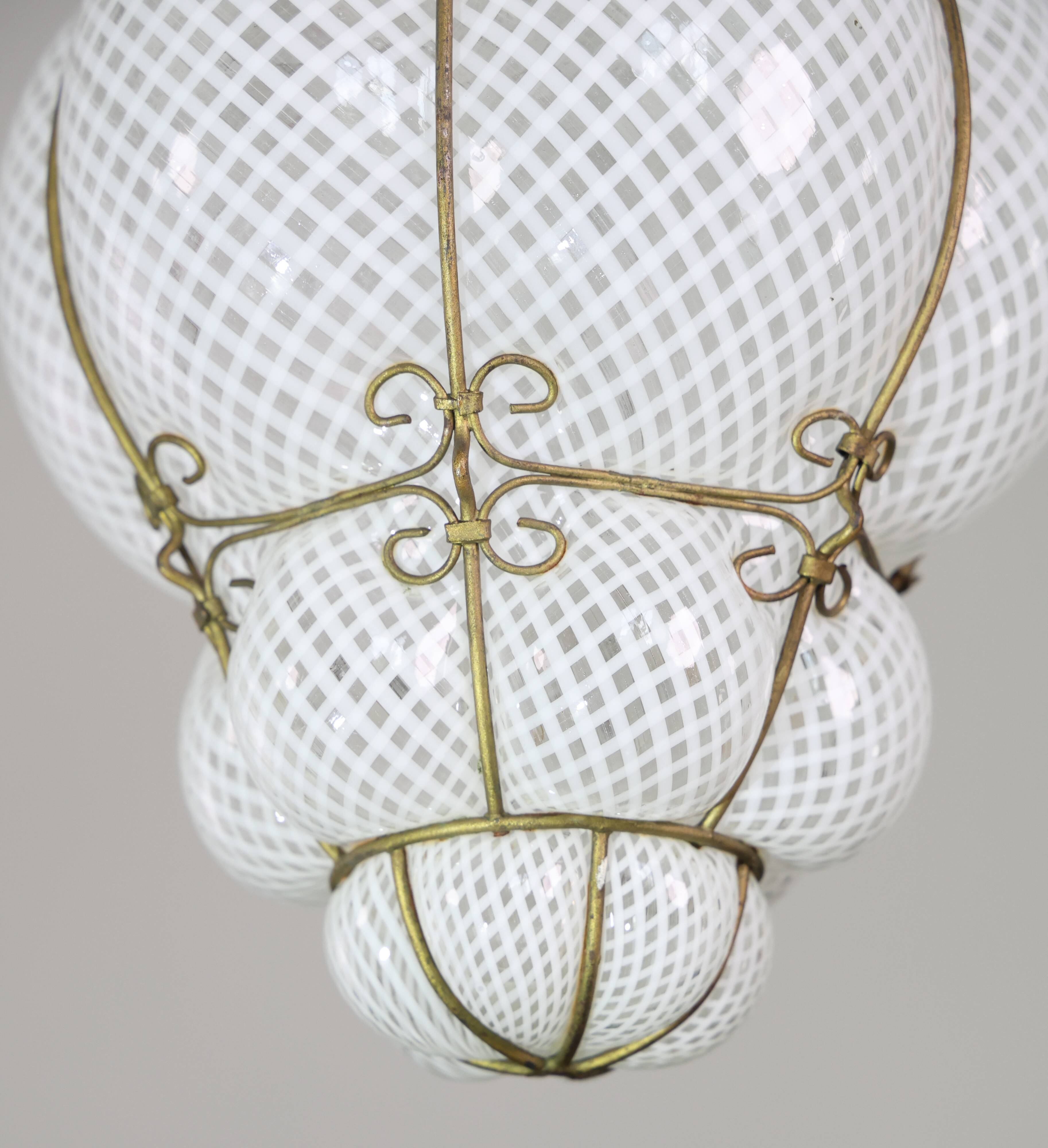 Amazing Large Venetian Lantern in Murano Reticello Glass, 1940s