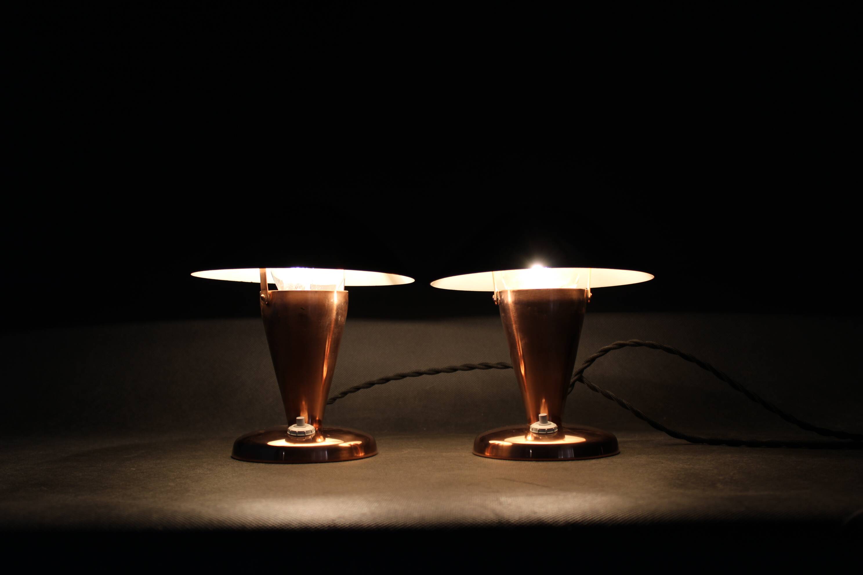 1930s Pair of Bauhaus Mushroom Table Lamps in Copper Finish, Czechoslovakia