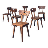 French Folk Art Rustic Dining Chair Set in Oak, 1940s, Set of 6