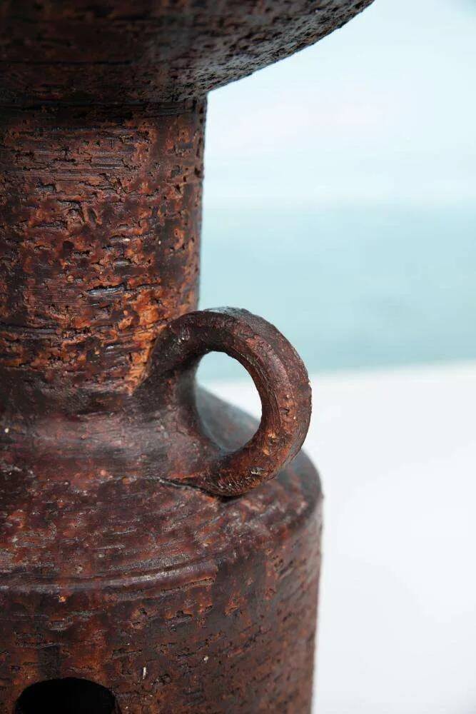 Vintage ceramic table lamp with a space age or bold look, fat lava ceramic from the 1960s.