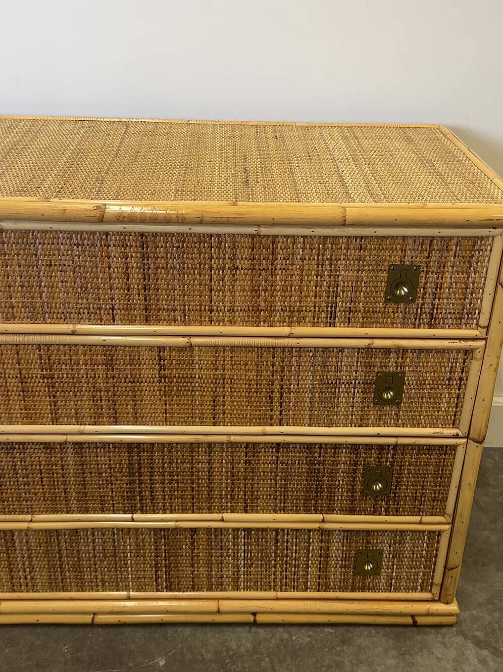 Midcentury bamboo, rattan and brass chest of drawers by Dal Vera, Italy, 1970s