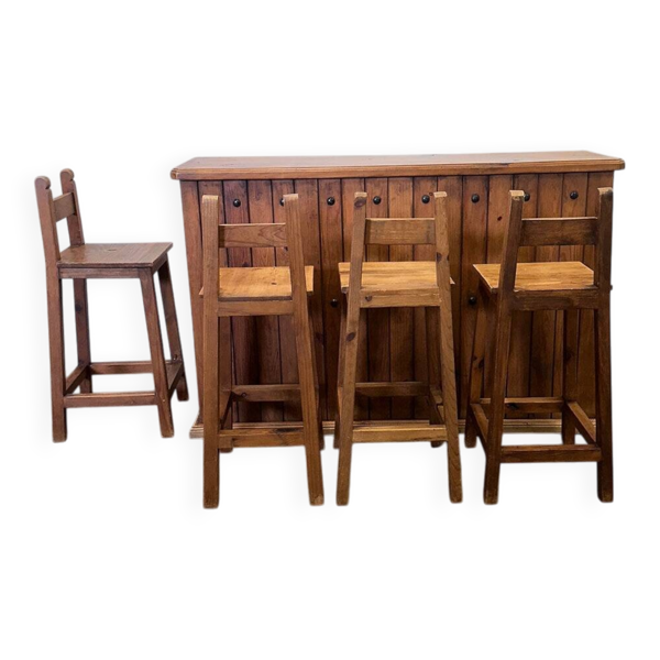 Comptoir de bar en bois massif rustique avec 4 tabourets assortis – porte-bouteilles et rangement