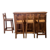 Comptoir de bar en bois massif rustique avec 4 tabourets assortis – porte-bouteilles et rangement