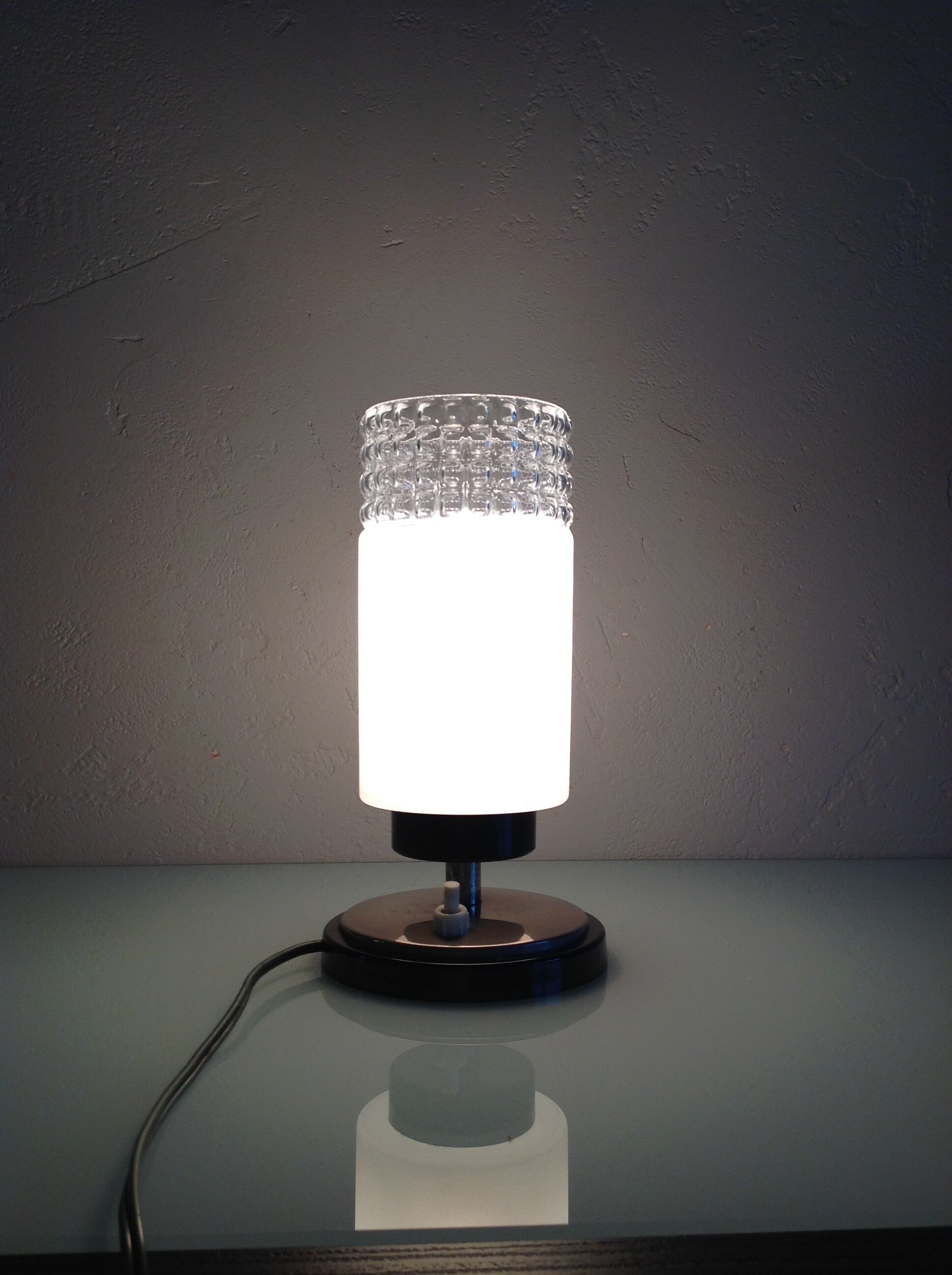 Tube bedside lamp with bi-material/vintage glass lampshade, 60/70s