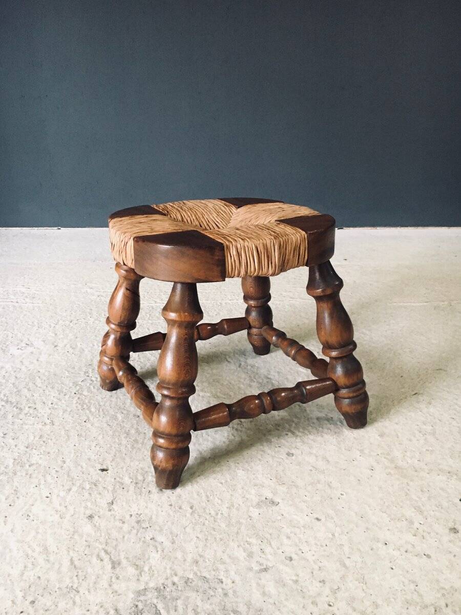 Rustic Low Oak and Rush Stools in the style of Charles Dudouyt, France, 1940s, Set of 2