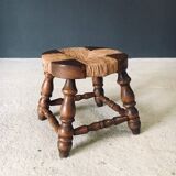 Rustic Low Oak and Rush Stools in the style of Charles Dudouyt, France, 1940s, Set of 2