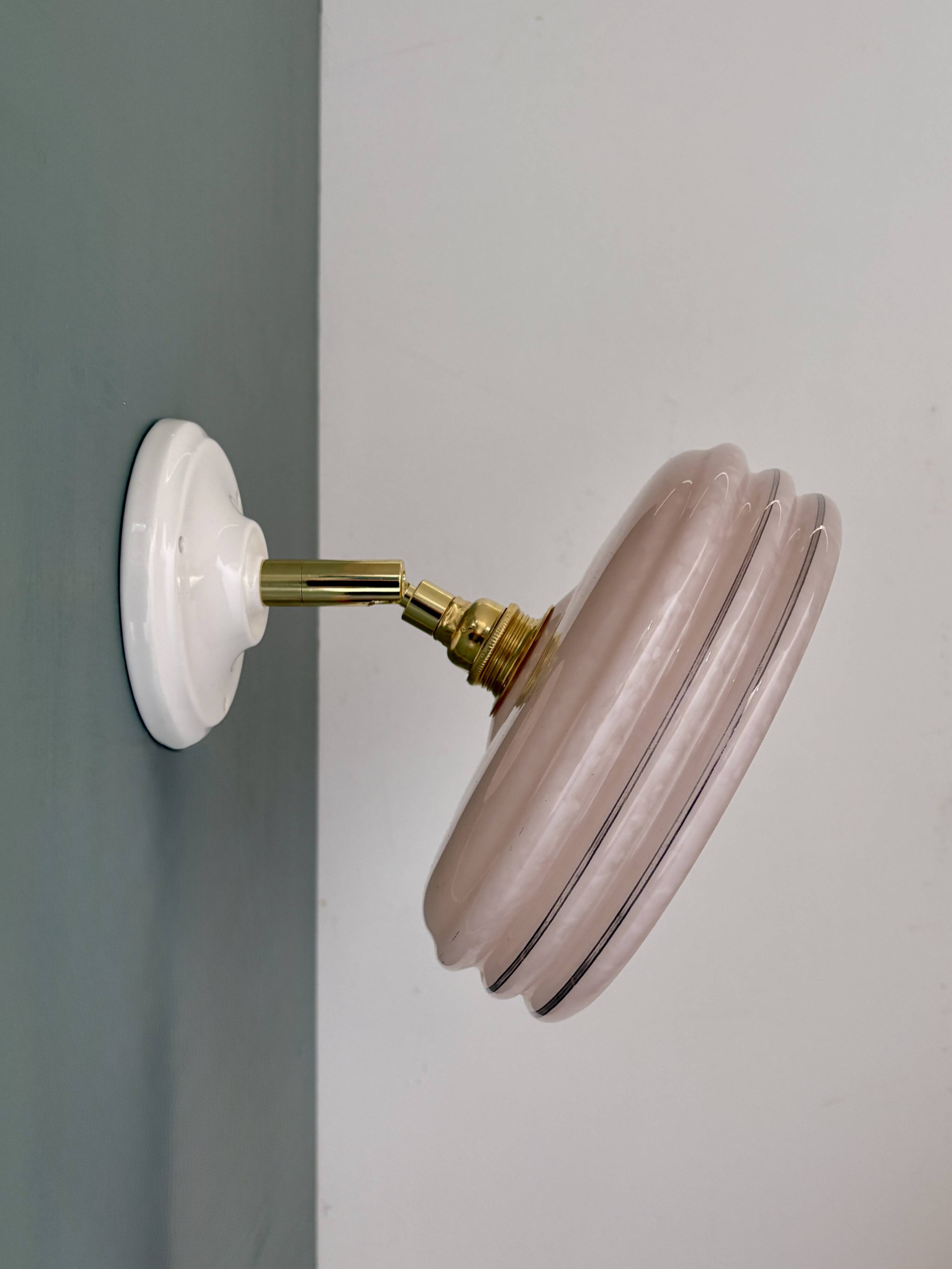 Vintage wall lamp with pink Clichy glass shade and silver edging