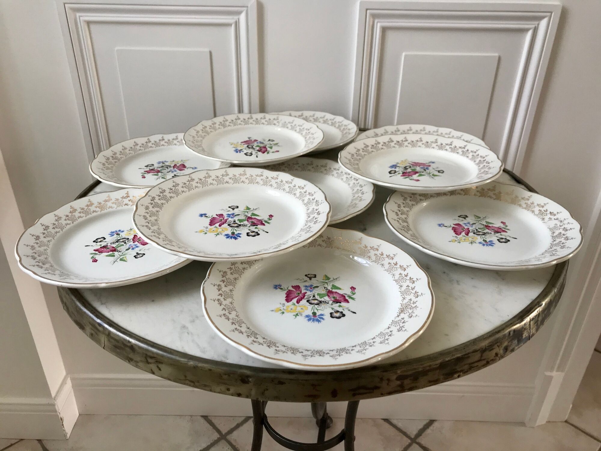 Dessert service cake dish and 10 dessert plates Digoin Sarreguemines Pamplona 50s