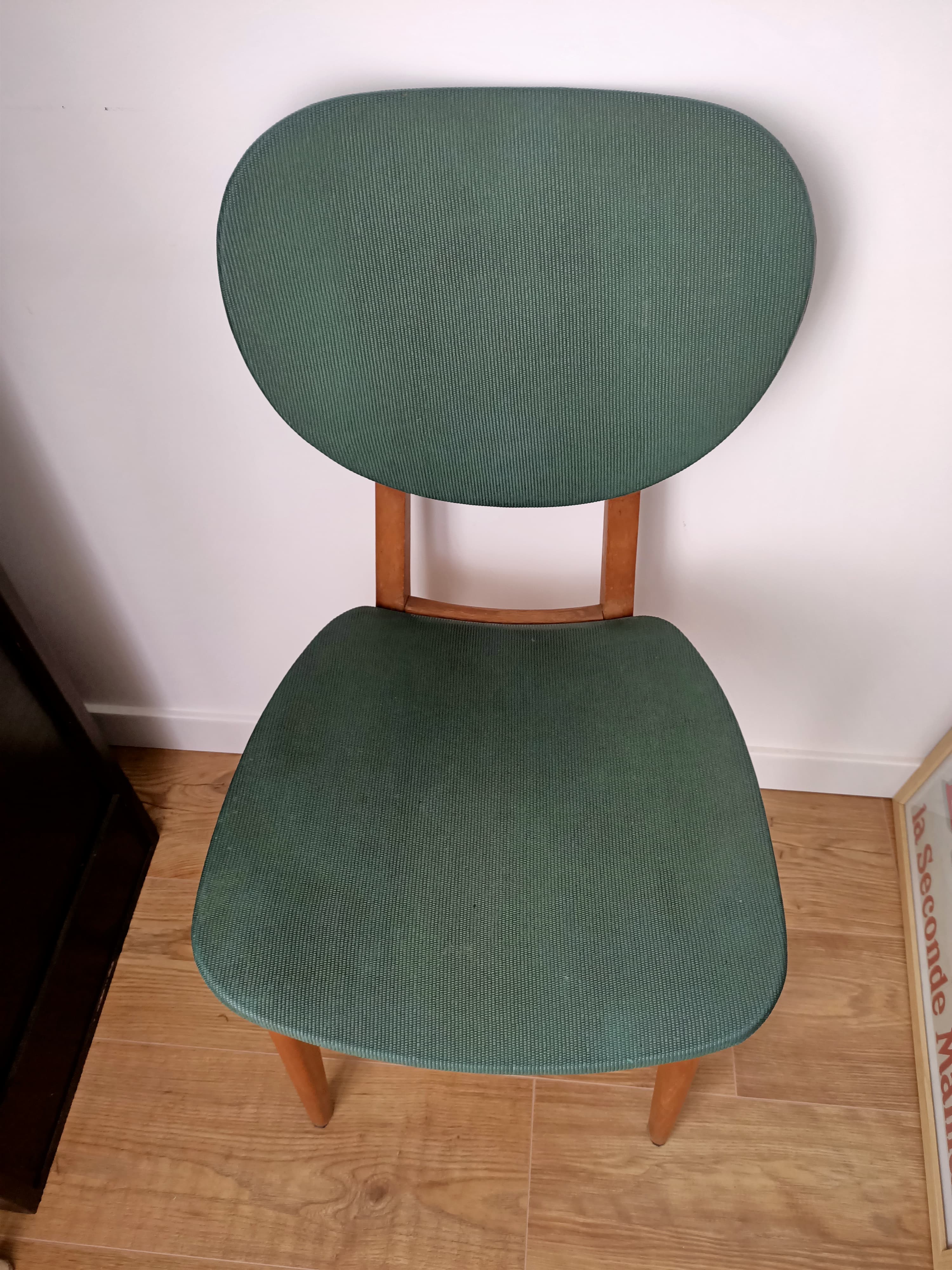 Wooden chair and green leather years -60s