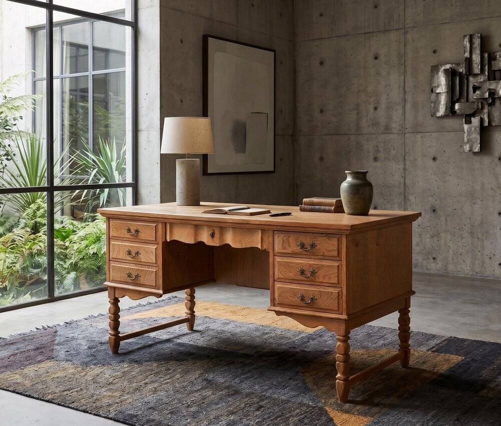 Freestanding Oak Desk attributed to Henning Kjærnulf, Denmark, 1960s