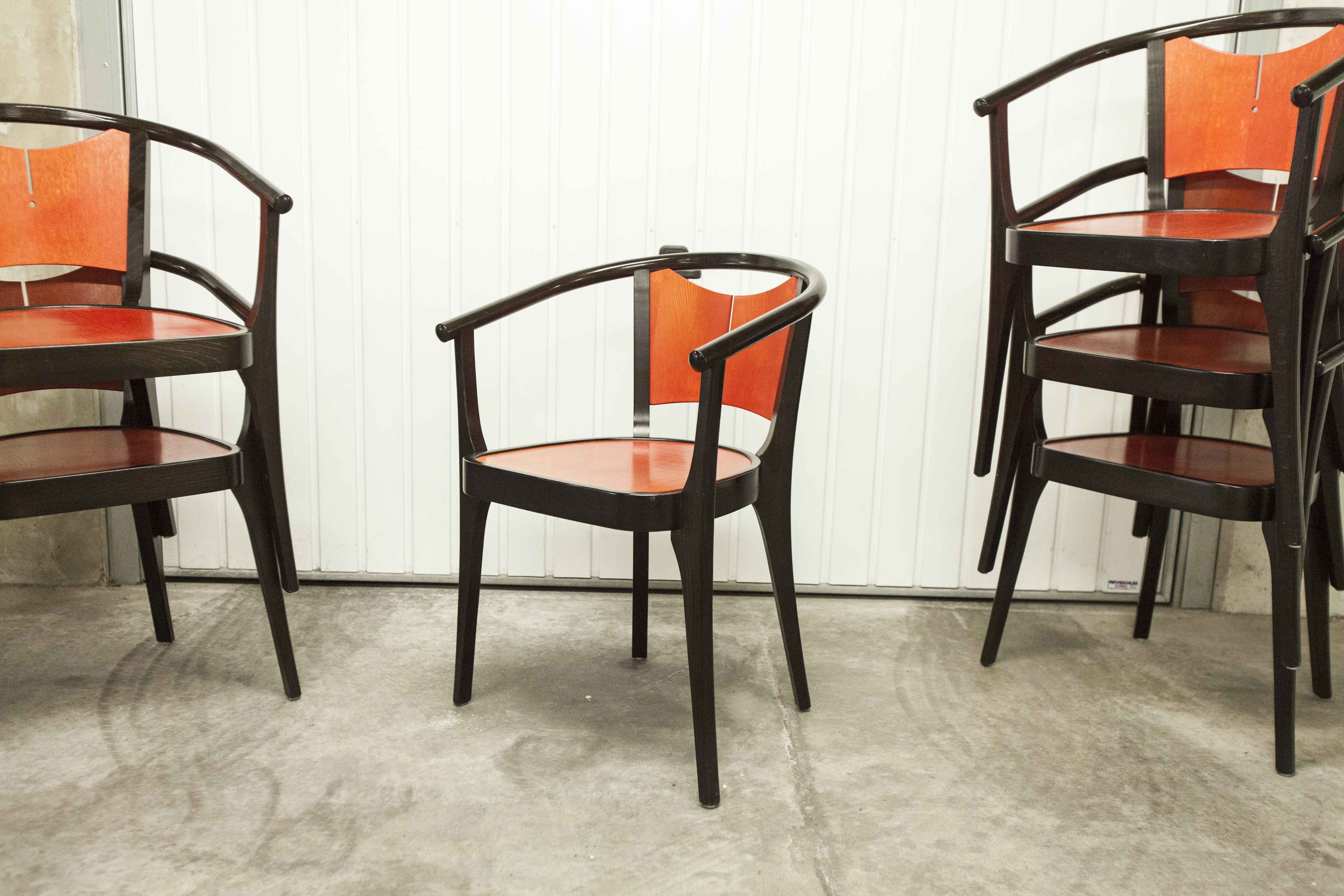 Table and 6 armchairs Baumann Diese, design Pagnon Pelhaître, Wenge color and red,