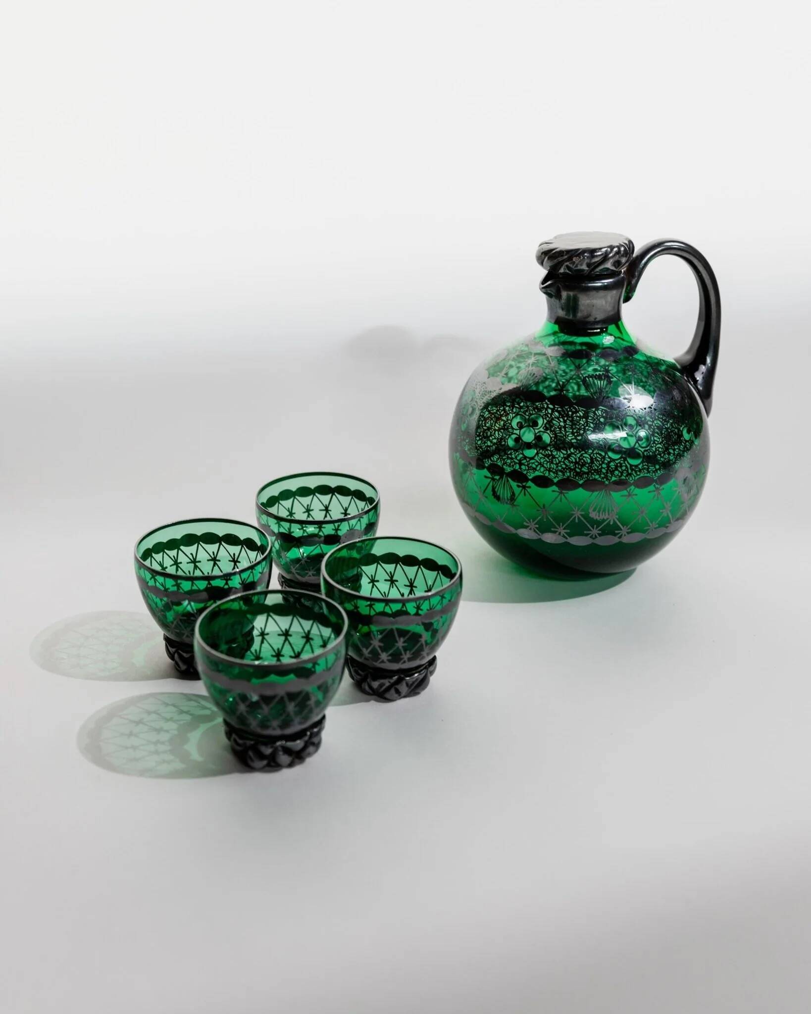 Vintage Murano Green Glass Liqueur Set with Hand-Painted Silver Decor – Decanter and Four Glasses, Italy, 1930s
