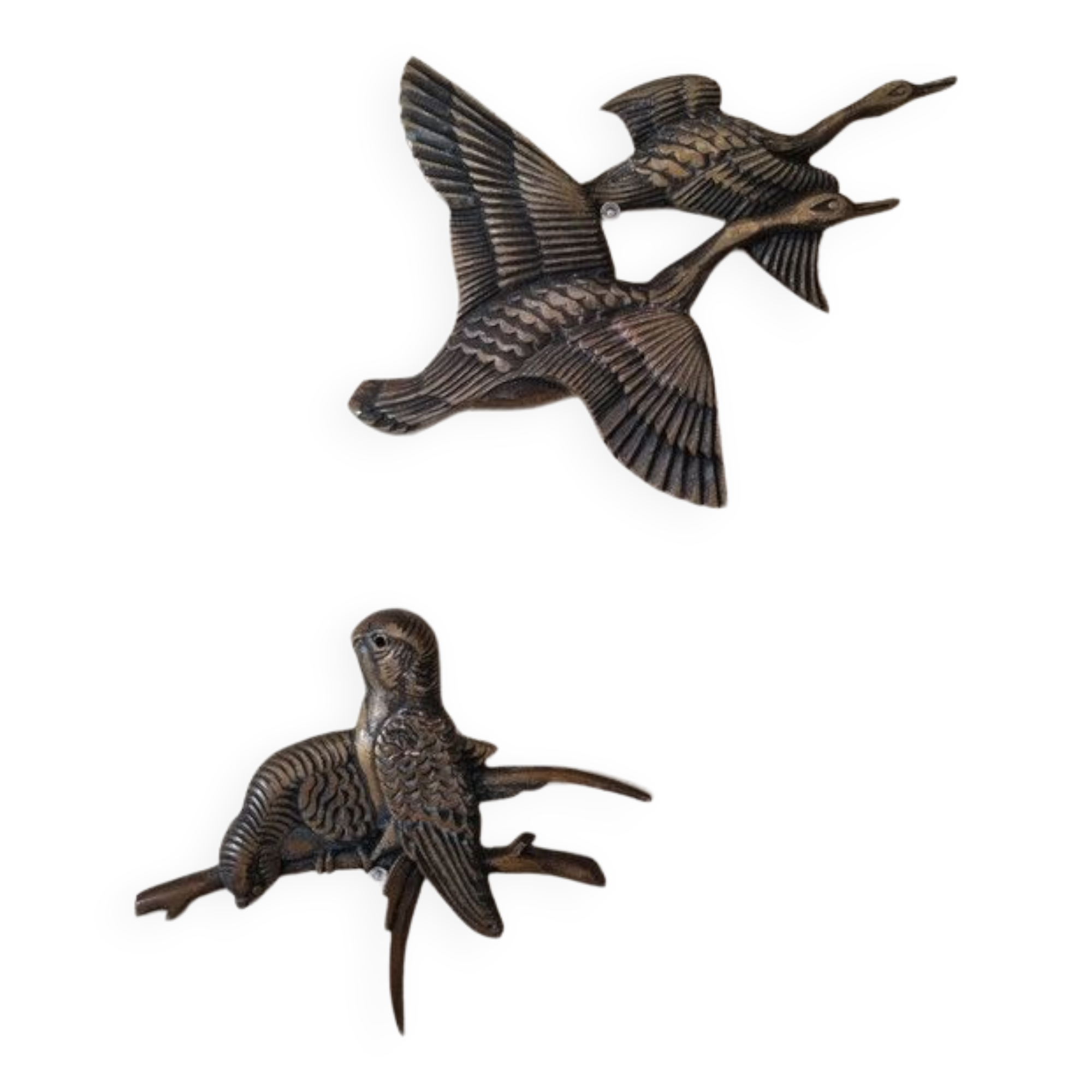 Set of two wall decorations exotic birds vintage brass