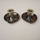2 antique metal candlesticks with handles