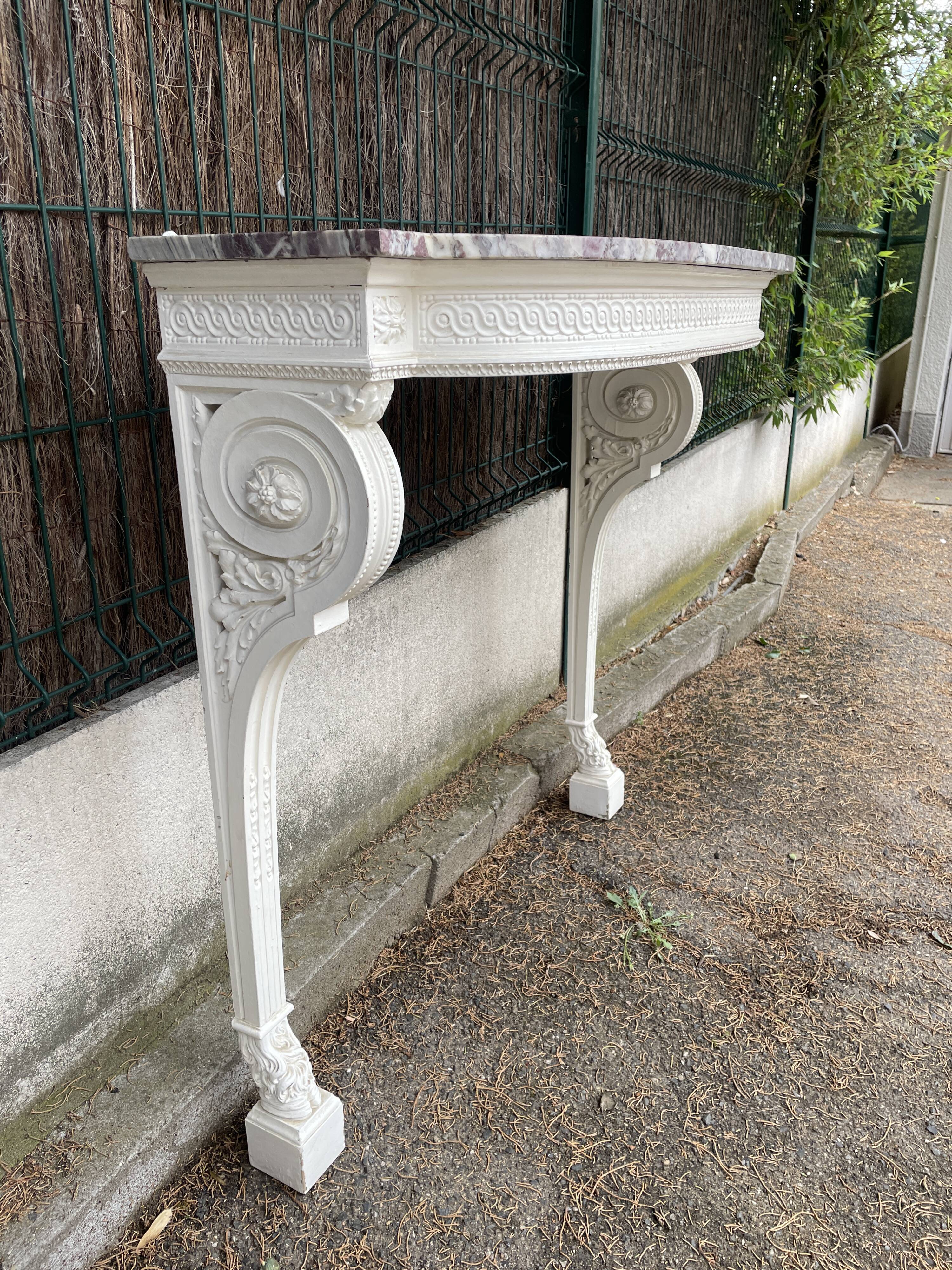 Painted wooden wall console with doe legs and interlacing. Louis XVI. Peach blossom marble