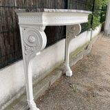 Painted wooden wall console with doe legs and interlacing. Louis XVI. Peach blossom marble