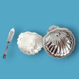 Vintage stainless steel and glass shell butter dish with knife - in its box