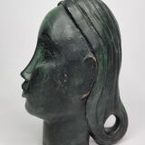 Stylized female head in terracotta, modernist style, signed, 23 cm