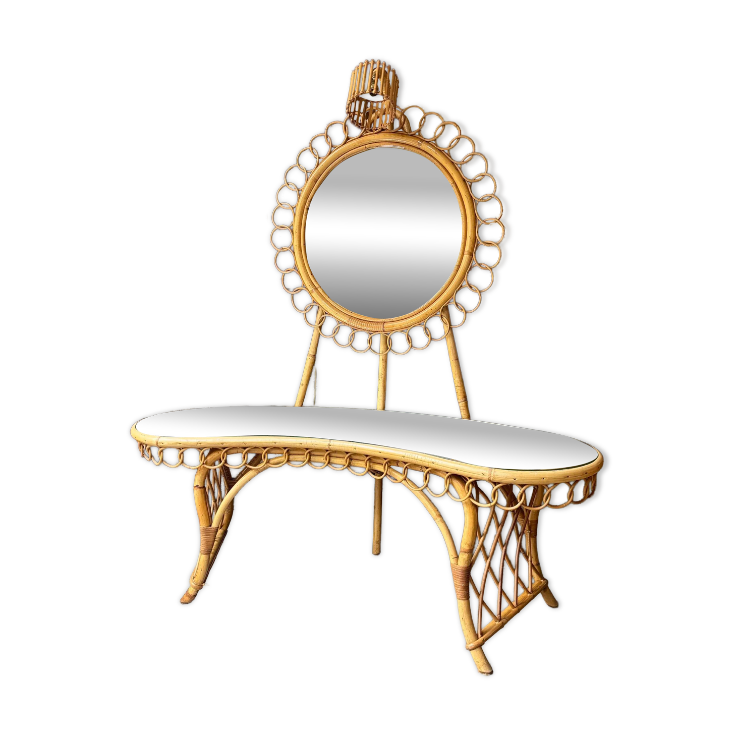 Bamboo, rattan and mirror dressing table with lighting in the style of Audoux-Minet, 1960s.
